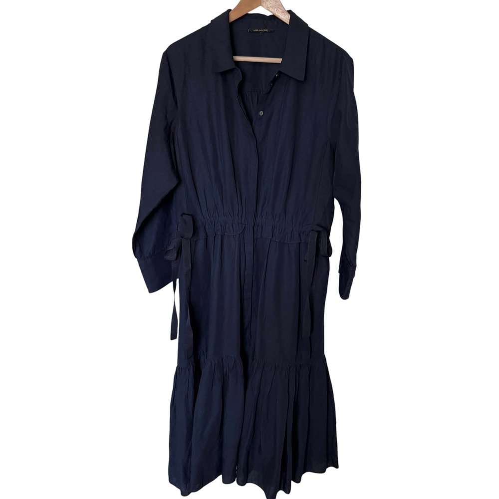 Kobi Halperin Shirt Dress Women XL Navy Blue Excellent Tencel‎ Linen Midi Tiered